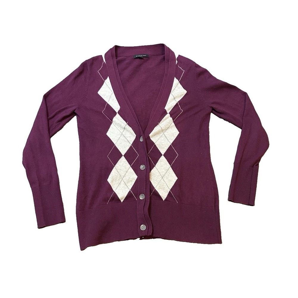 Banana Republic Argyle Angora Blend Sweater Cardigan Womens M Burgundy Preppy